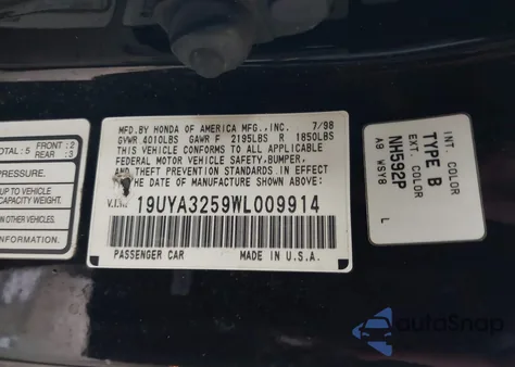 1998 Acura Cl 2.3 из США, поврежденный, VIN 19UYA3259WL009914